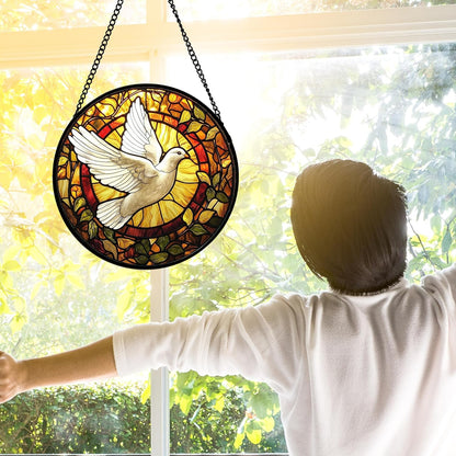 Stained Glass Window Hanging, Flying White Dove Sun Catchers Diamond Glass Panel Hangings Cute