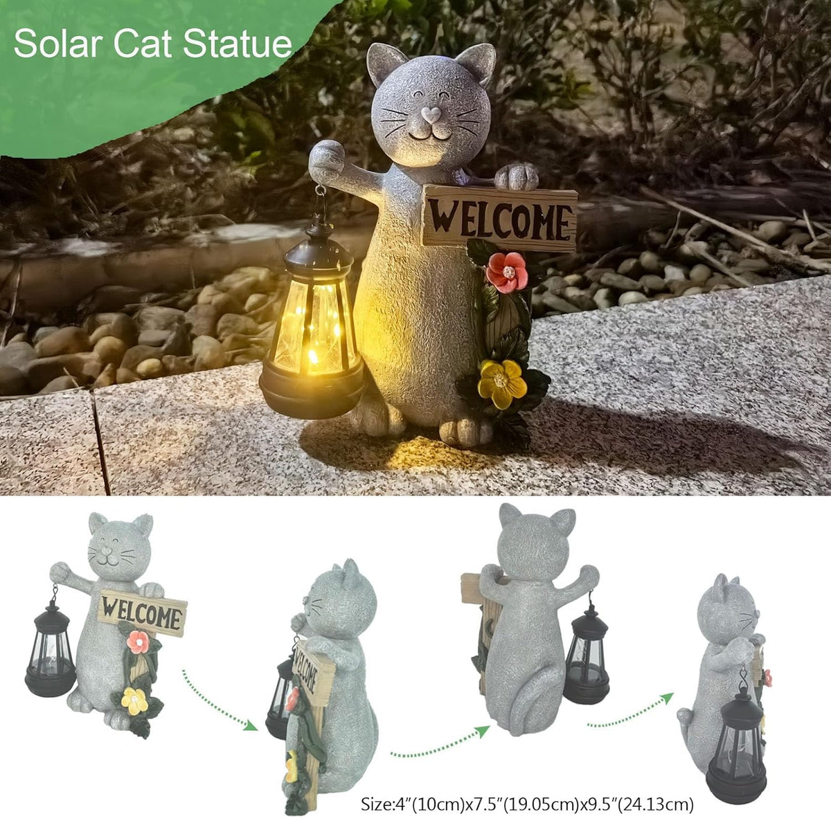 Solar Cat Statue Outdoor Decor-9.4" Welcome Garden with Sculpture Solar Lantern