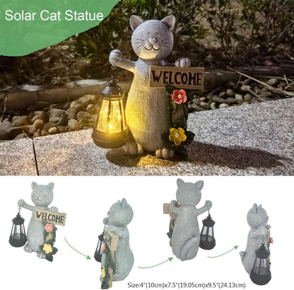 Solar Cat Statue Outdoor Decor-9.4" Welcome Garden with Sculpture Solar Lantern