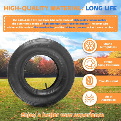 (1-Set) RRQ 4.80/4.00-8" Tire and Inner Tube Set, Universal Replacement Pneumatic Tires, Fits