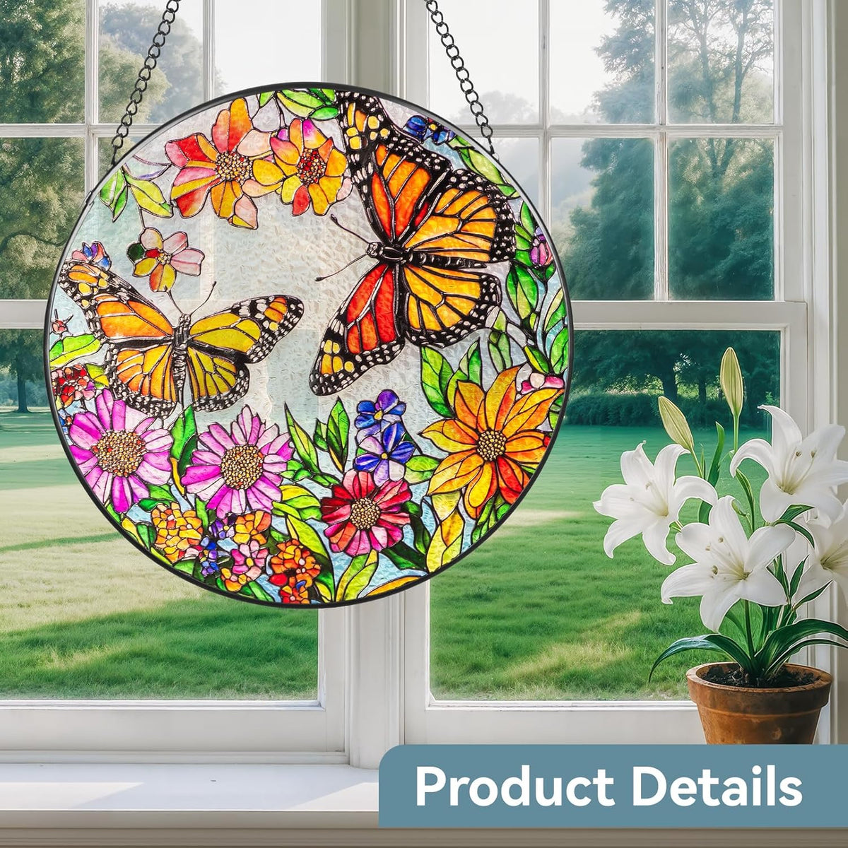 Suncatcher Stained Glass Window Hanging - Butterfly Glass Panel with Metal Chain and Hooks Handmade