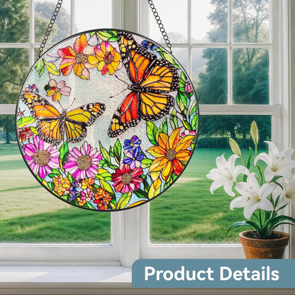 Suncatcher Stained Glass Window Hanging - Butterfly Glass Panel with Metal Chain and Hooks Handmade