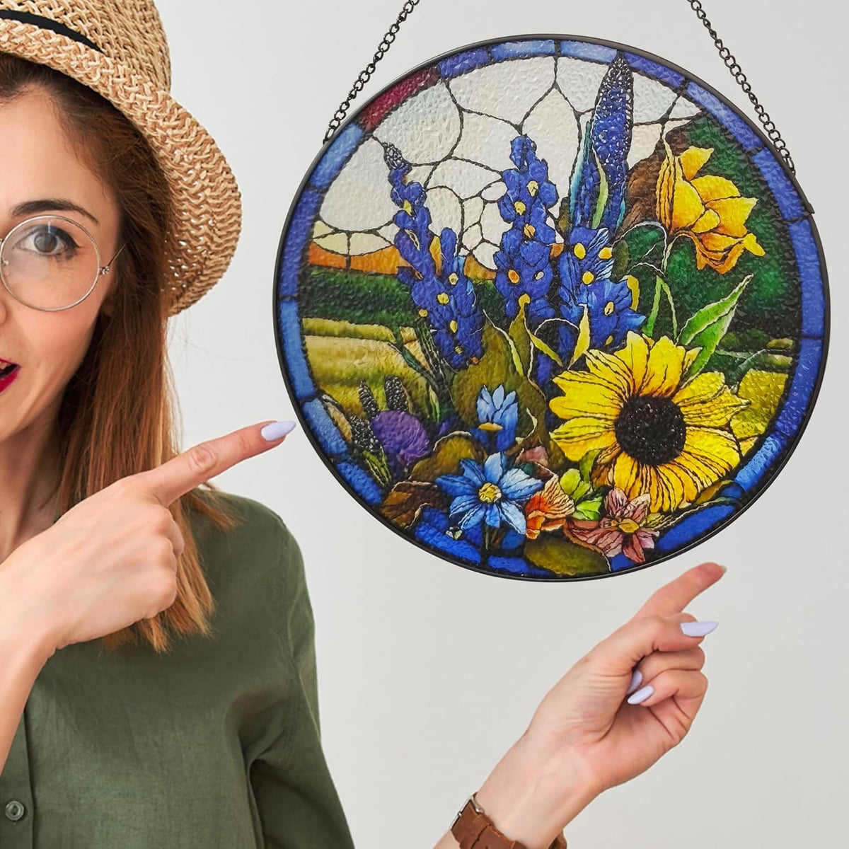 Sunflower Lavender Suncatcher Stained Glass Window Hanging, 9.8'' Hand-Painted Floral Sun Catcher