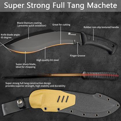 HX Outdoors 14 Inch Bush Machete Kukri Knife, Premium D2 Steel Full Tang Gardening Machete Knife