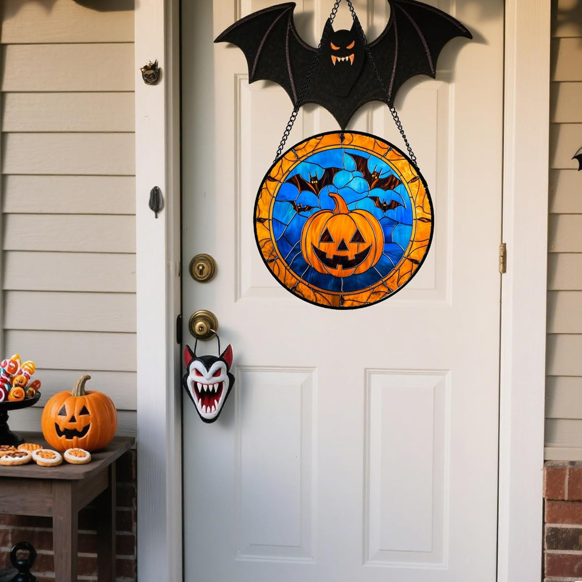 Stained Glass Window Hanging - Halloween Evil Pumpkin Suncatcher for Doors Window Garden Indoor