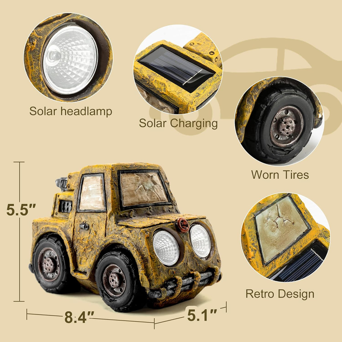 Garden Statue Outdoor Solar Car Decor with LED Light Vintage Resin Sculpture Construction Vehicle