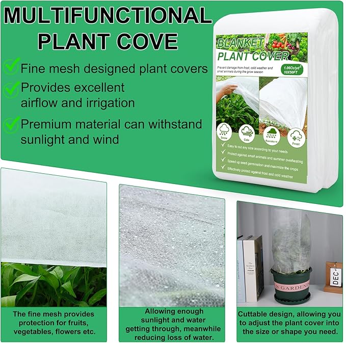 YDSL Plant Covers Freeze Protection 10FT×50FT, 1.06 oz/yd² Floating Row Covers for Garden Beds
