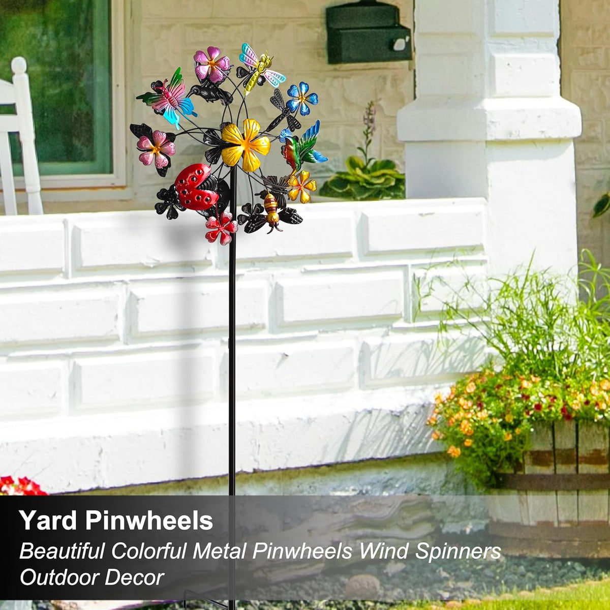 Flower Wind Spinners Outdoor, Metal Windmill with Hummingbirds, Butterflies and Bees, Pinwheels for