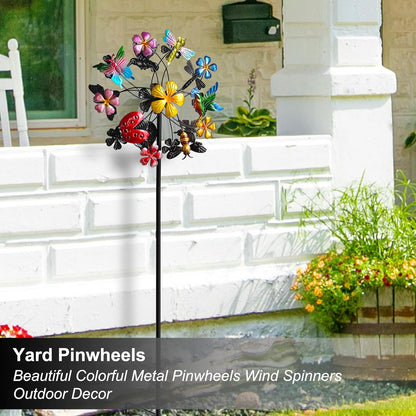 Flower Wind Spinners Outdoor, Metal Windmill with Hummingbirds, Butterflies and Bees, Pinwheels for