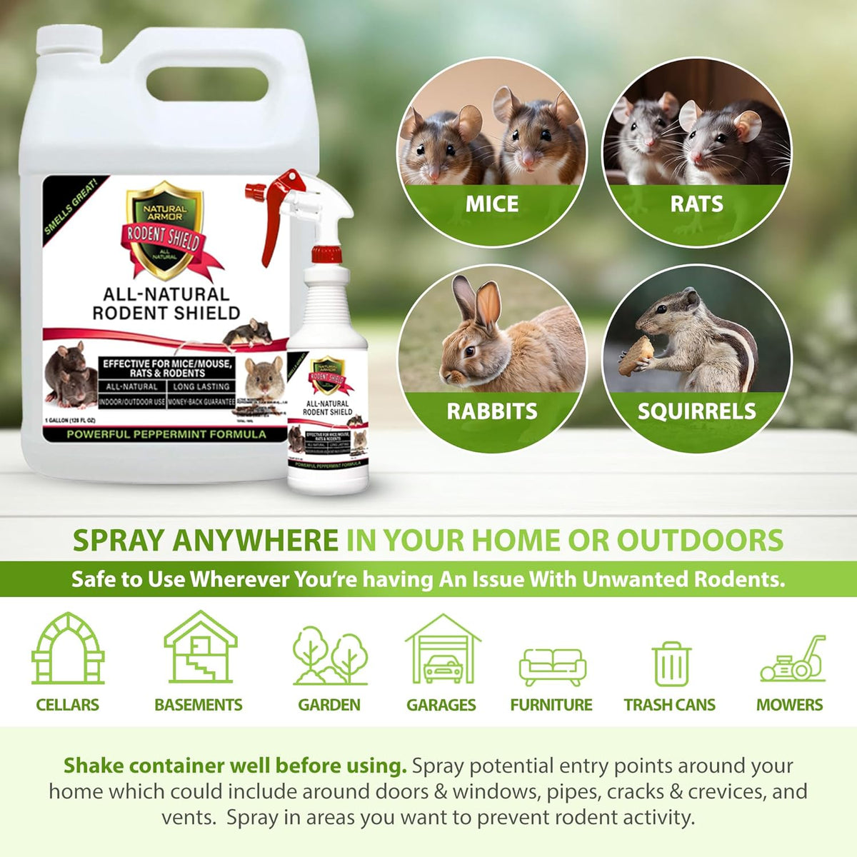 Peppermint Repellent for Mice/Mouse, Rats & Rodents. Natural Spray for Indoor & Outdoor Use.