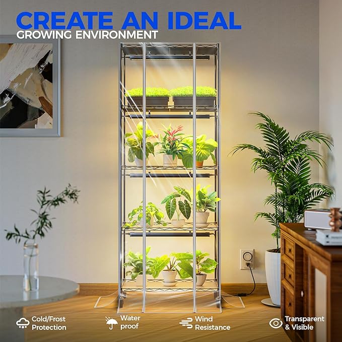 Barrina CX91Z Indoor Greenhouse with Grow Light, 5-Tier Plant Stand with Cover and 1.6FT 25W(Per