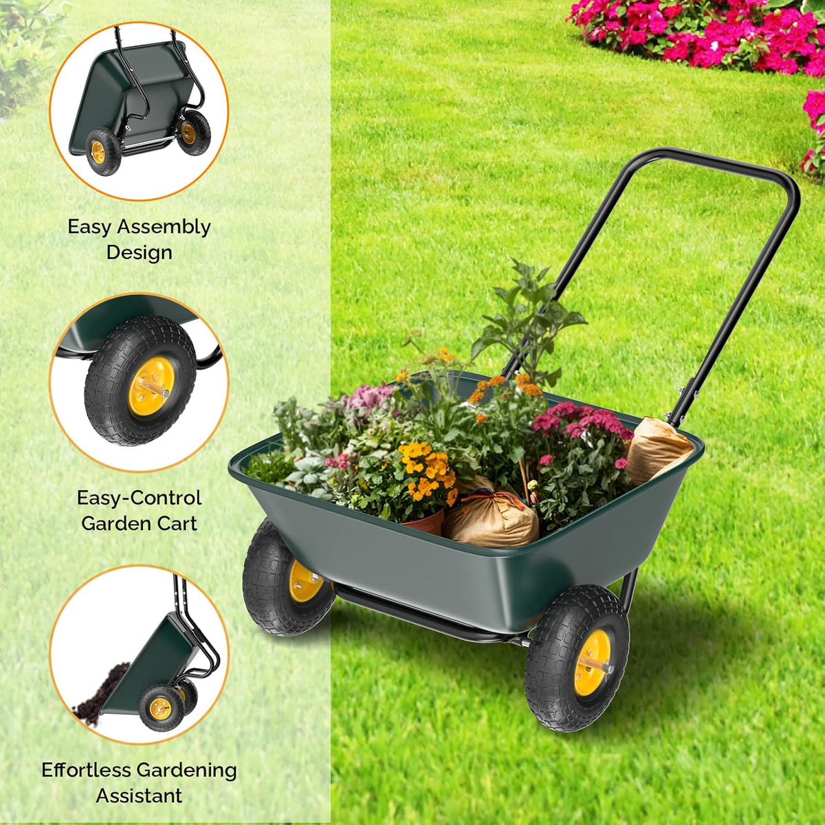 VINGLI 2 Wheel Wheelbarrow, Plastic and Steel Wheel Barrel, 300lbs Capacity Garden Cart for Lawn