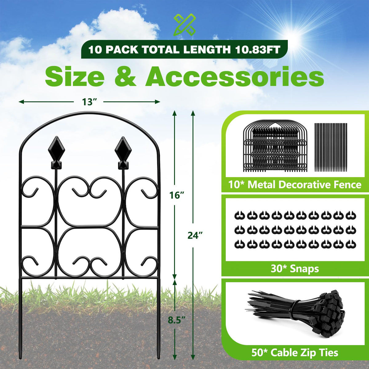 QIAOKAIYAN 24in(H) x 10.83ft(L) Decorative Garden Fence - Tall Garden Fence Animal Barrier 10 Pack