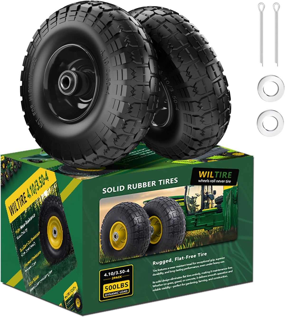 (2 Pack) 4.10/3.50-4 Flat Free Tire and Wheel 10-Inch Solid Wheel Replacement with 5/8