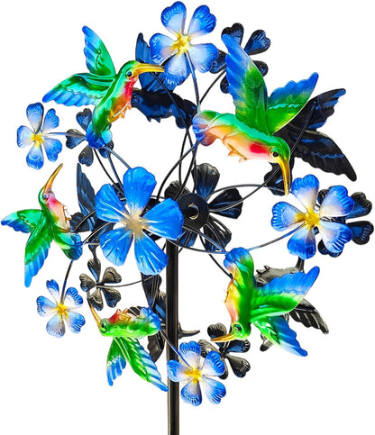 Double Blade Hummingbird Swivel Wind Spinners, Outdoor Garden Spinners 38inch Garden Stakes Decor