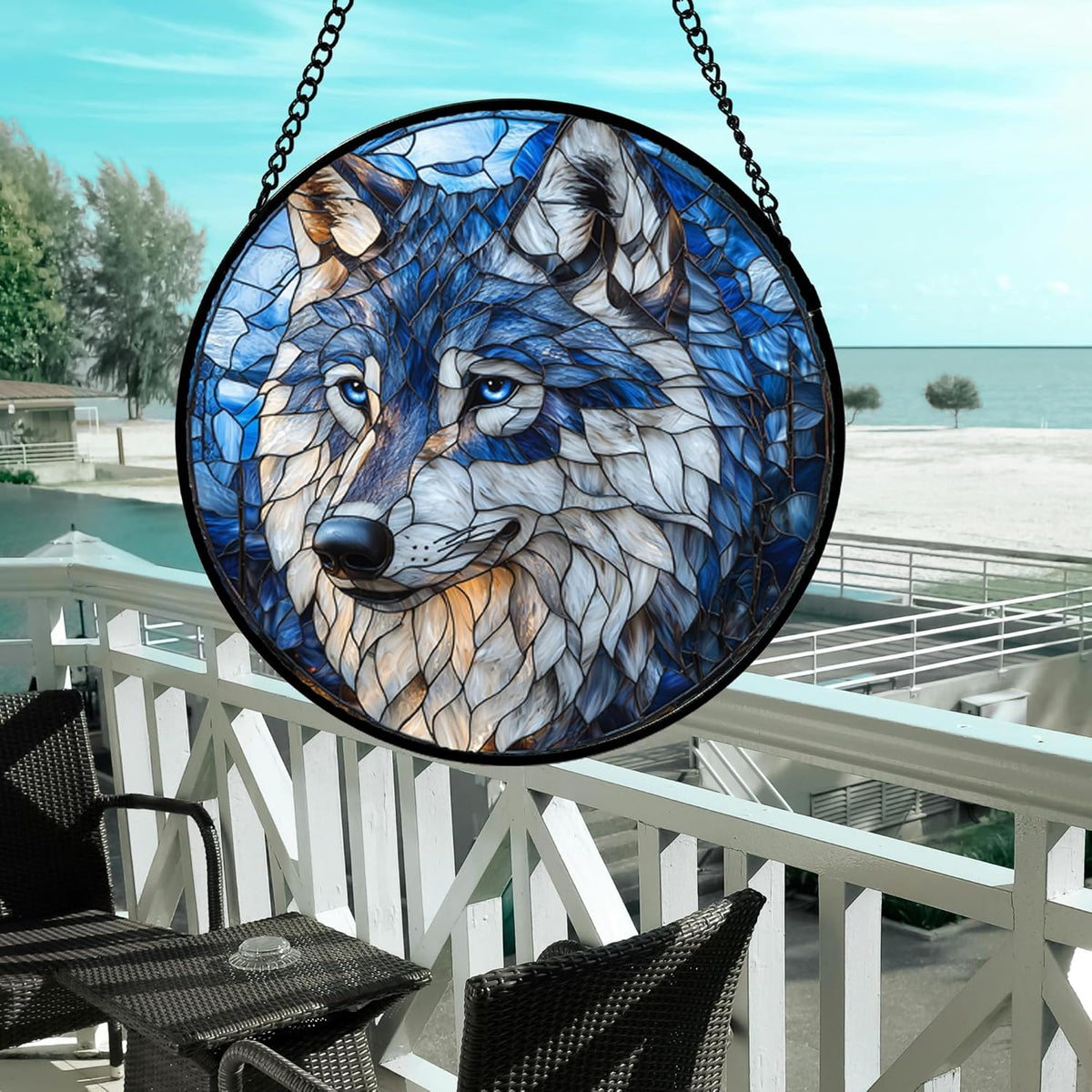 Stained Glass Window Hanging - Funny Wolf Suncatcher Ready to Hang Window Doors Home Decoration and