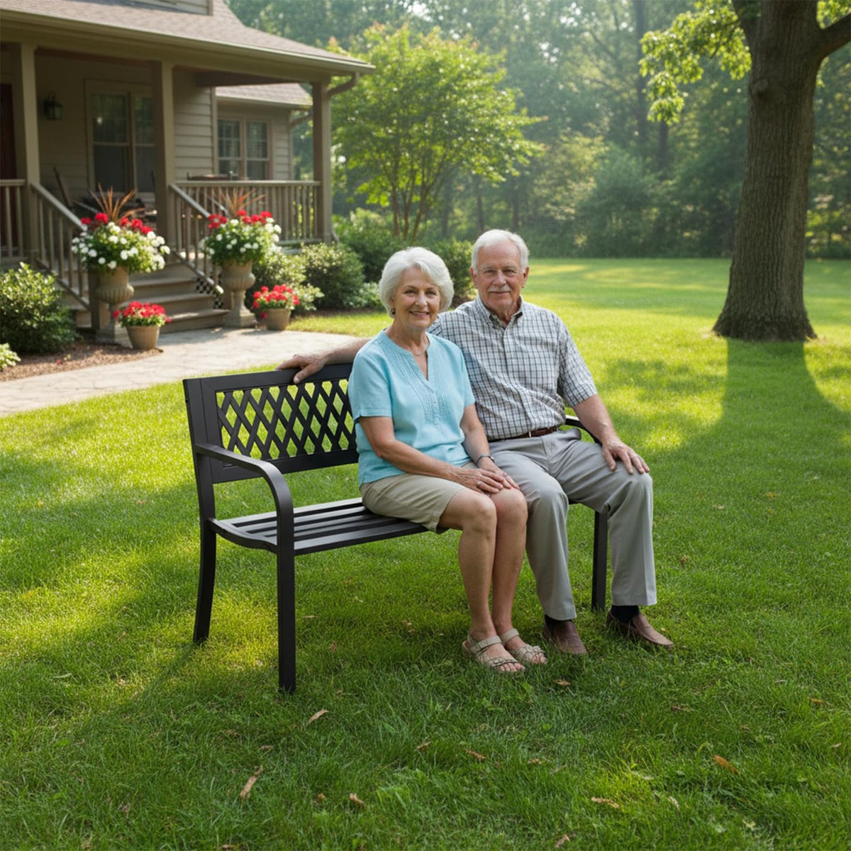 MAKE CHANGES Outdoor Bench, Garden Patio Park Entryway Metal Bench with Comfortable Backrest