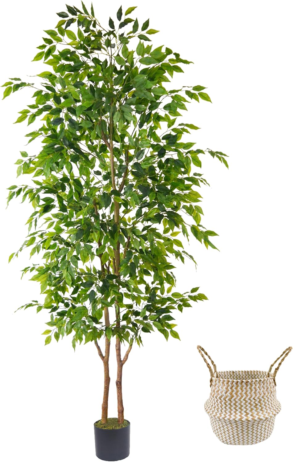 8ft Artificial Ficus Tree, 96” Realistic Ficus Leaves Large Fake Plant with Basket, Indoor Outdoor