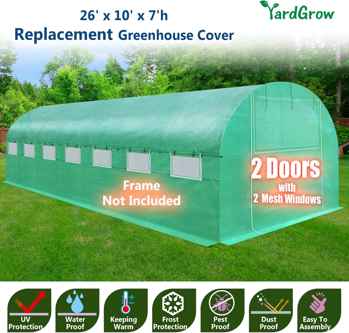 YardGrow Greenhouse Replacement Cover Larger Walk in Outdoor Plant Gardening Greenhouse, 2-Doors