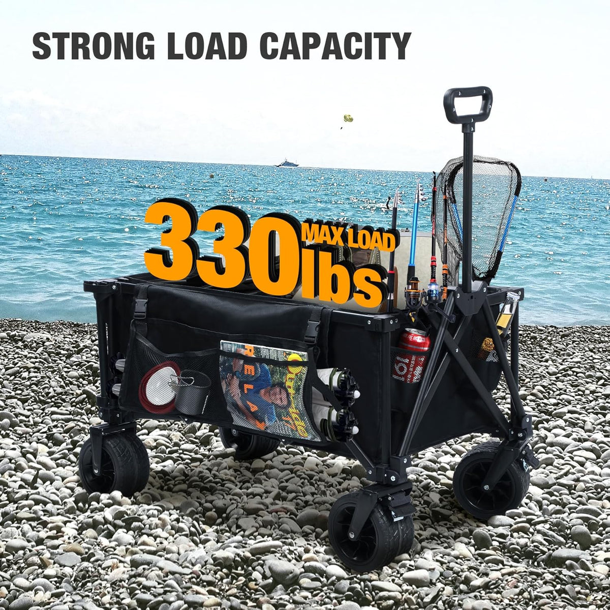 REDCAMP 49" L Extended Collapsible Beach Fishing Cart with Rod Holders, 330LBS Heavy Duty Extra