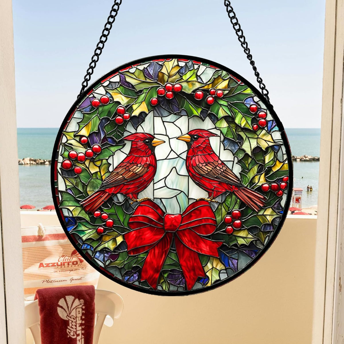 Stained Glass Window Hanging - Cardinals Green Wreath Suncatcher for Doors Home Christmas