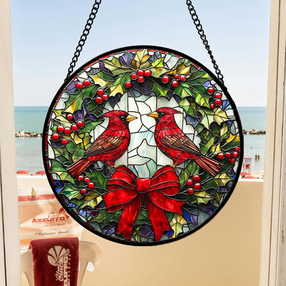 Stained Glass Window Hanging - Cardinals Green Wreath Suncatcher for Doors Home Christmas