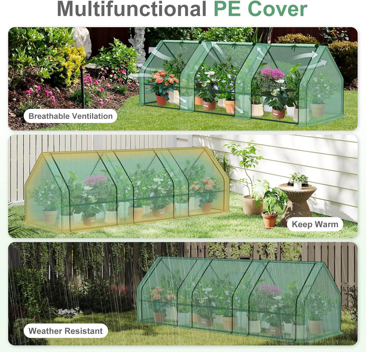 Aoodor 9 x 3 x 3 ft Mini Greenhouse with 3 Zipper Doors, Water-Resistant, UV-Protected for Flowers