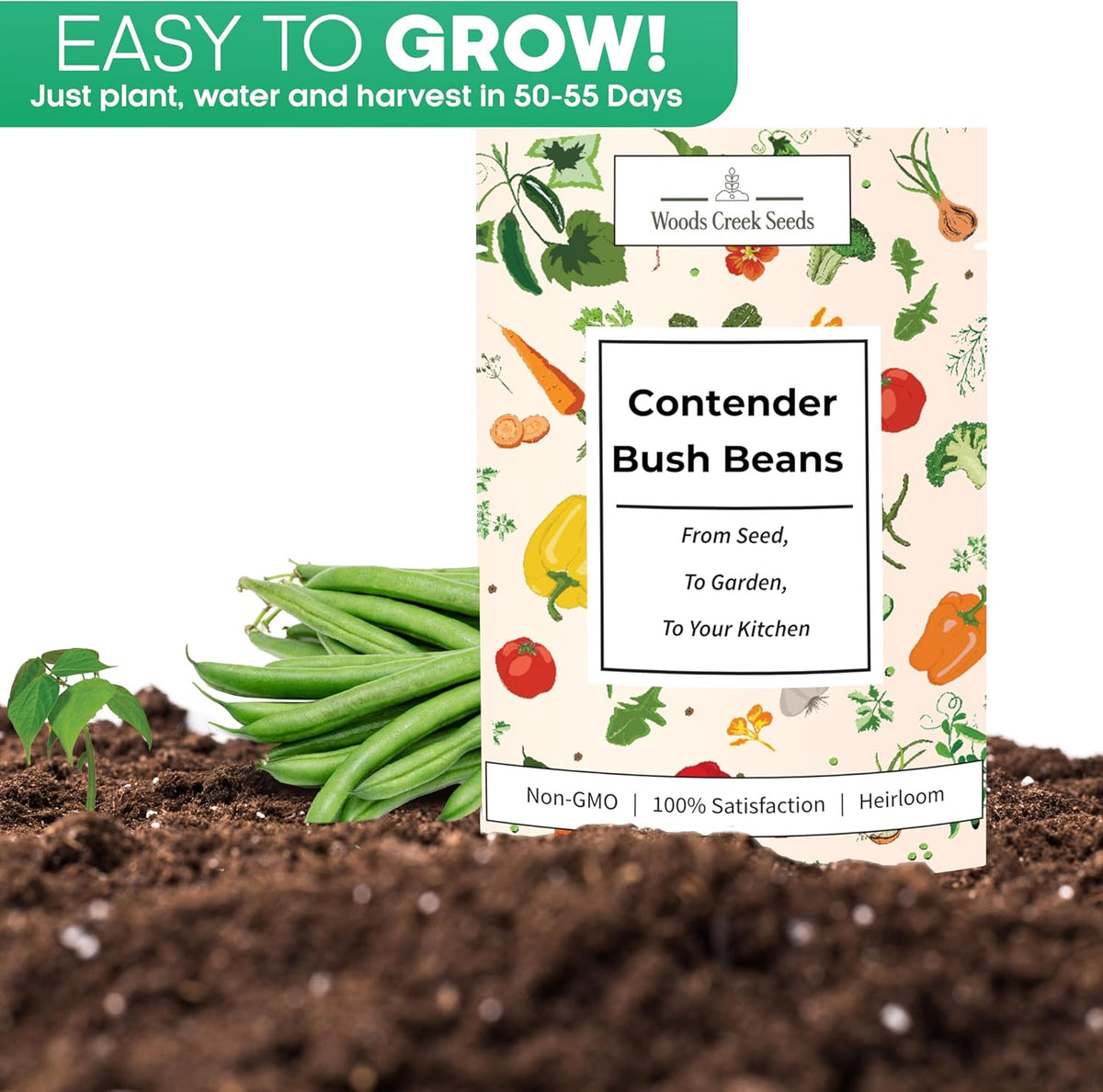 Woods Creek Seeds: Contender Bush Bean Seeds for Planting - Non-GMO Green Bean Seeds for Planting