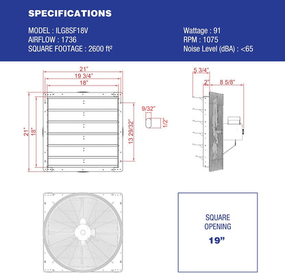 iLiving - 18" Wall Mounted Exhaust Fan - Automatic Shutter - Variable Speed - Vent Fan For Home