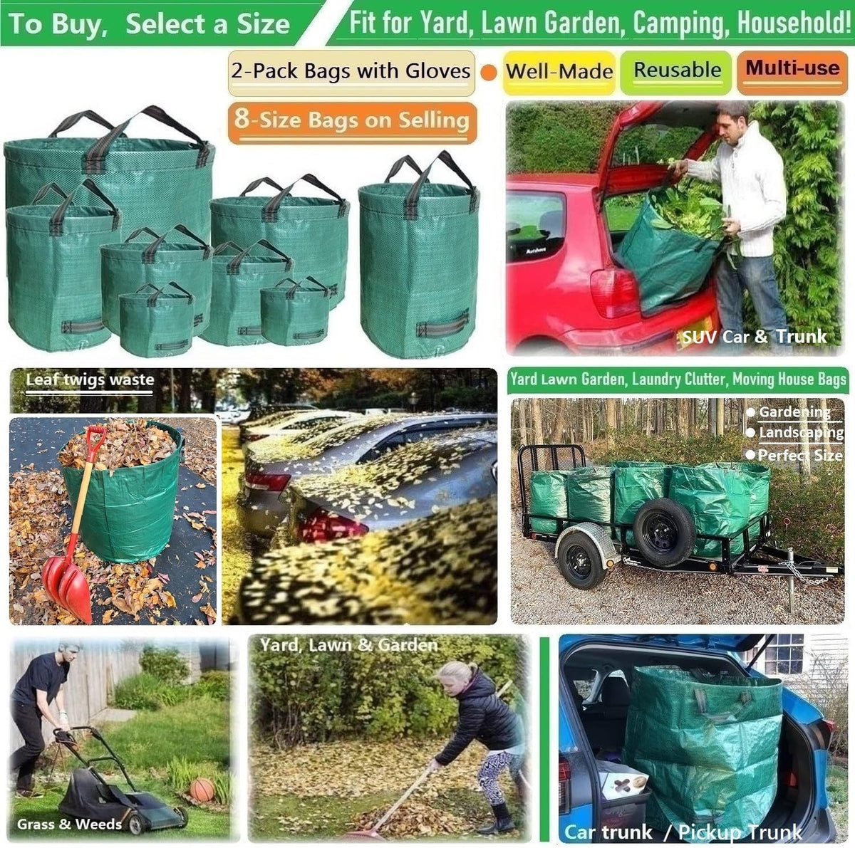 Standard 2-Pack 32 Gallon Yard Garden Bags (D18, H30 inch) with Gardening Gloves for Yard
