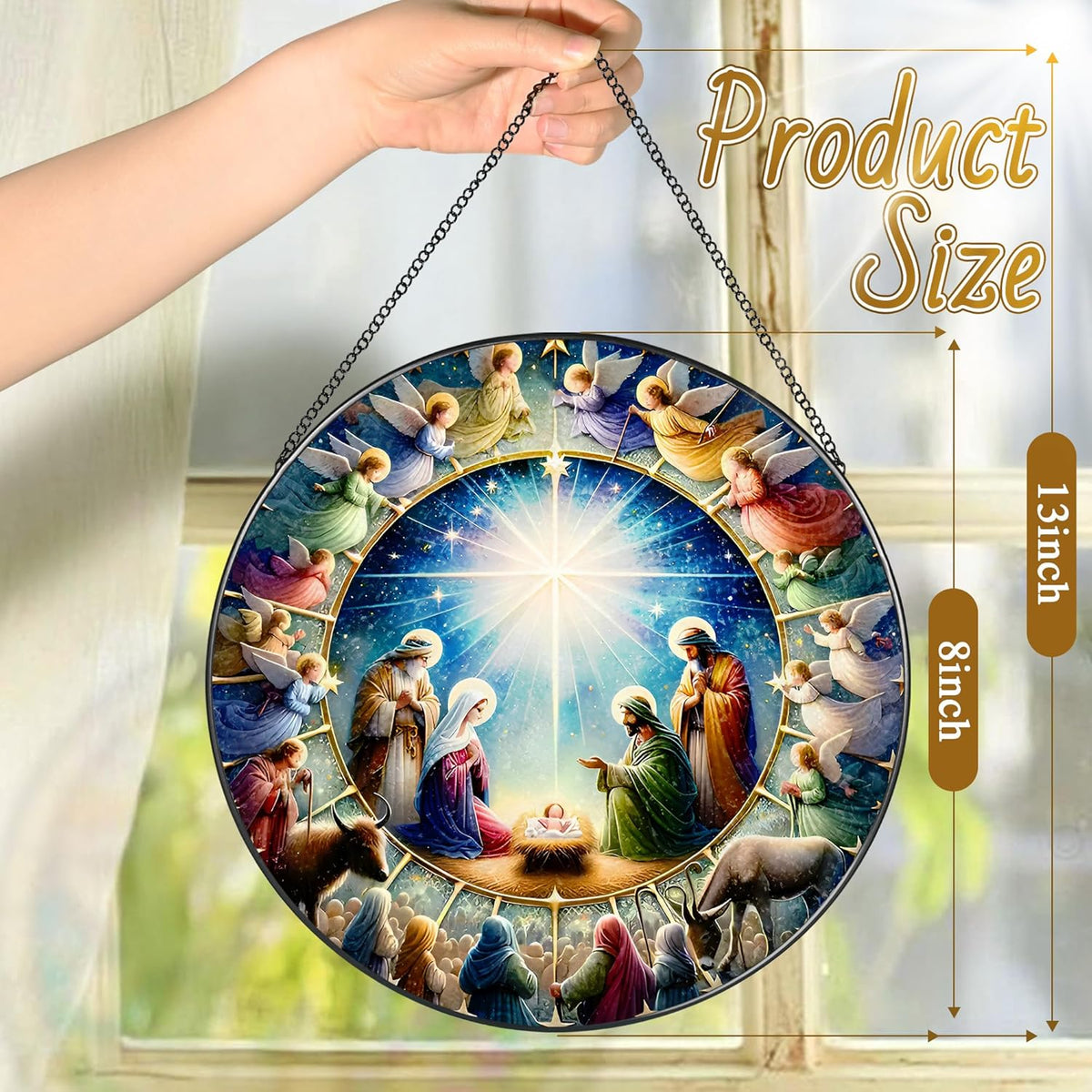 Stained Glass Window Hanging, LAOWEIKI 8'' Nativity Scene Suncatcher, Stained Glass Ornament