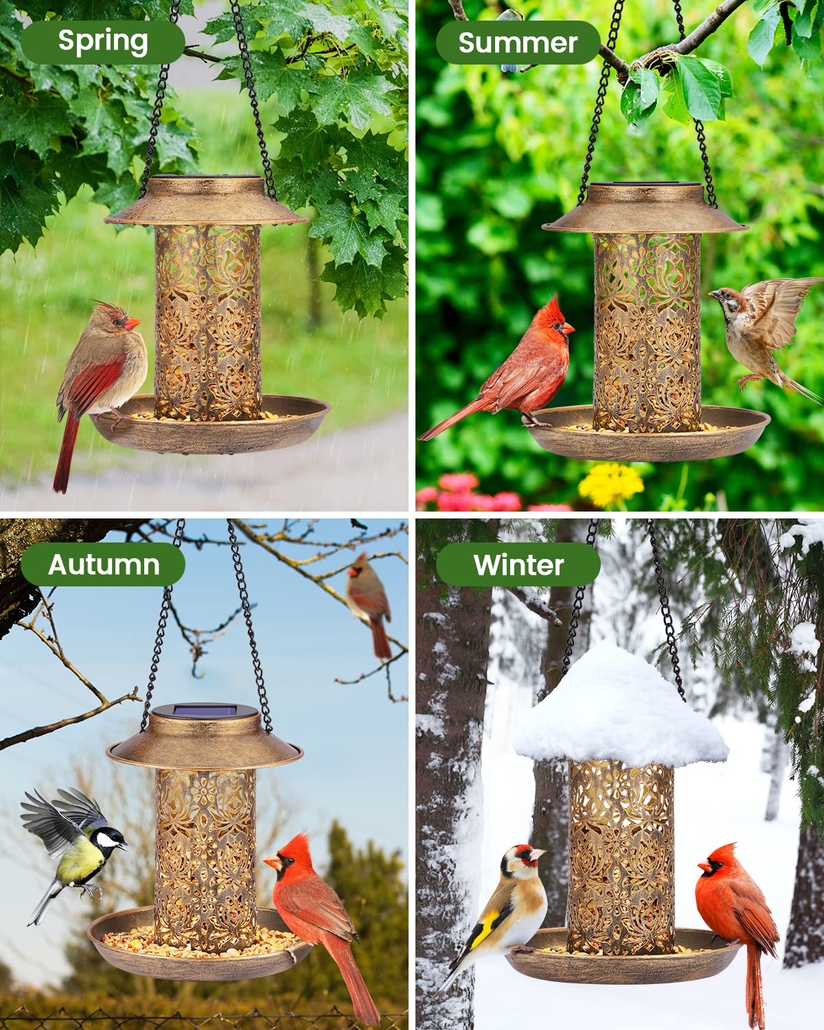 SWEETFULL Solar Bird Feeder for Outdoors Hanging, Metal Wild Bird Feeder for Cardinals Solar Garden