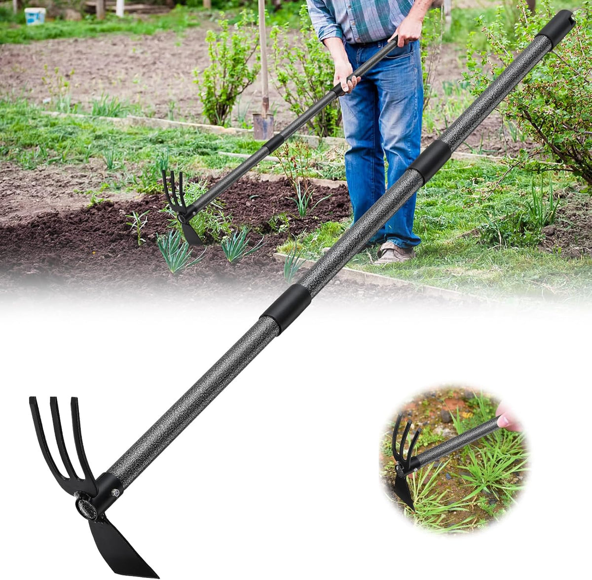 Hoe and Cultivator - 45” Long Handle - Heavy Duty Garden Hoe Tiller, Standing Hoe Garden Tools