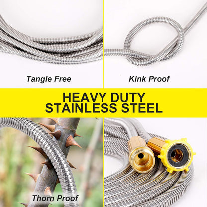 FOXEASE Metal Garden Hose 75FT - Stainless Steel Heavy Duty Water Hose with Metal Nozzle & 8