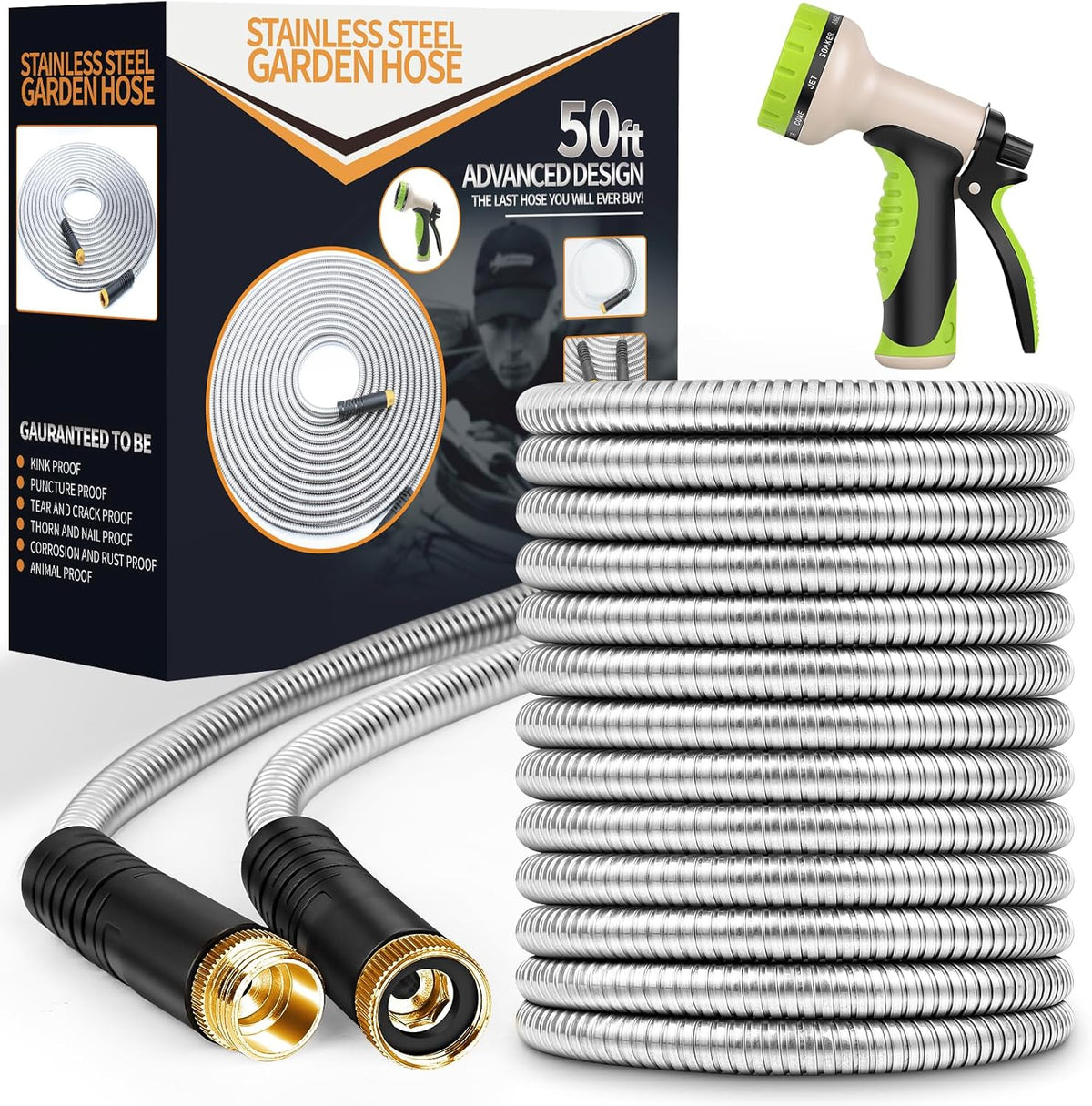 Garden Hose 50 ft, Stainless Steel Water Hose with 10 Function Nozzle Flexible, Heavy Duty