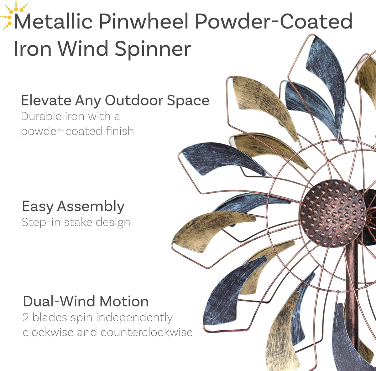 Sunnydaze Metallic Pinwheel Metal Garden Wind Spinner - Removable Pole Sections for Adjustable