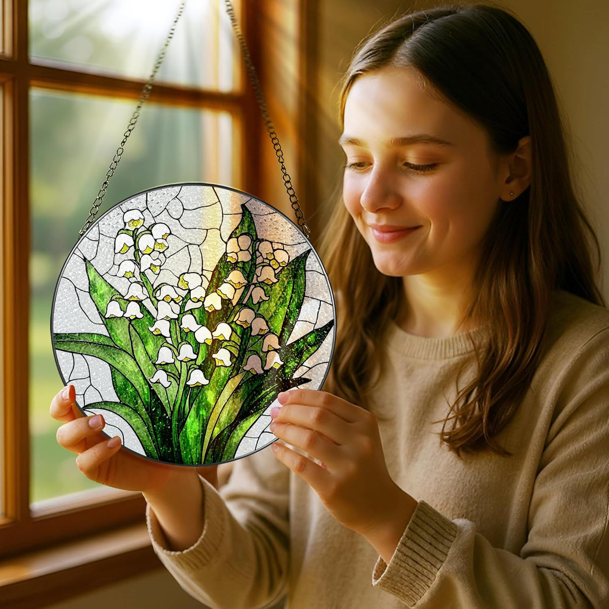 Lily of The Valley Flower Stained Glass Suncatcher, Stained Glass Window Hanging, 8 Inch Green