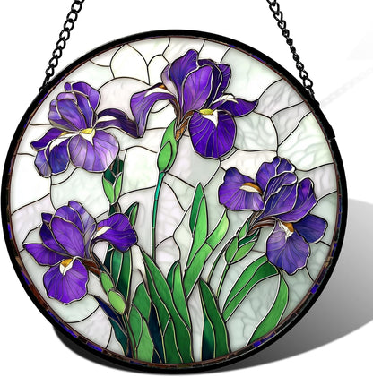 Stained Glass Window Hanging - Purple Iris Flower Sun Catcher for Door Terrace Garden Home Decor