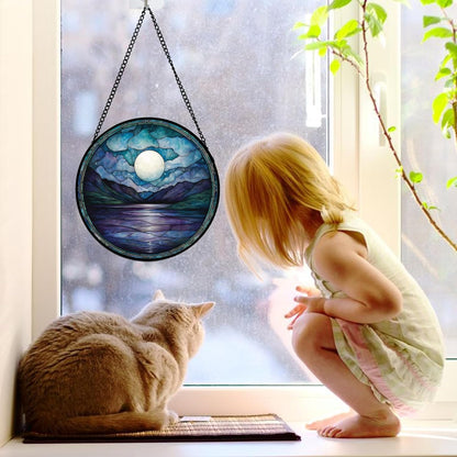 Stained Glass Window Hanging, Blue Night Moon Lake Sun Catchers Colorful Glass Panel Landscape
