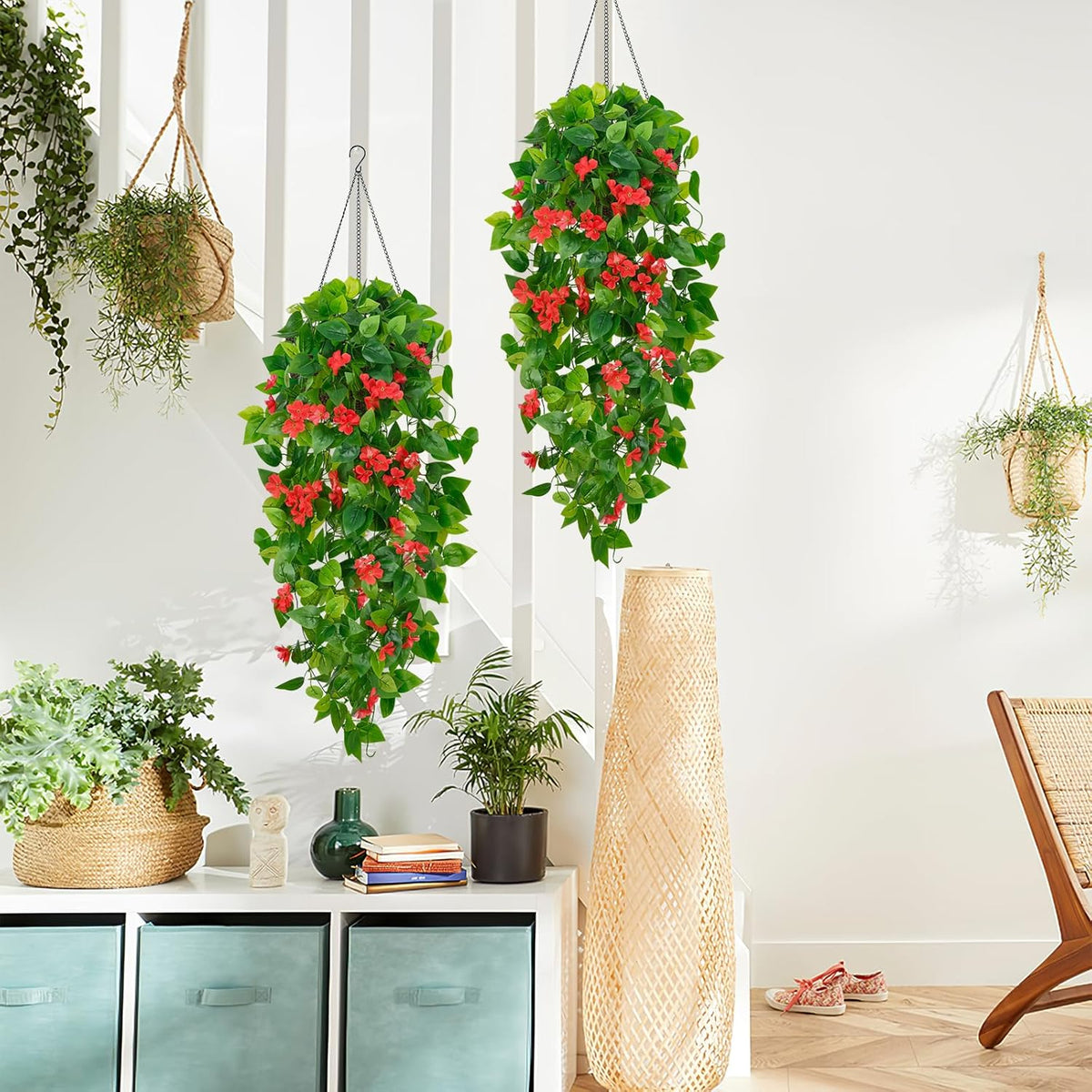 BLEUM CADE Artificial Hanging Flowers for Outdoors, 2pcs Fake Hanging Plants Pothos Vines with Red