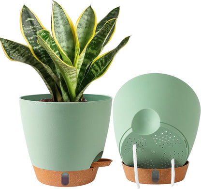 2 Pack 8 Inch Pots for Plants Indoor, Plastic Self Watering Planters with Drainage Holes, Water