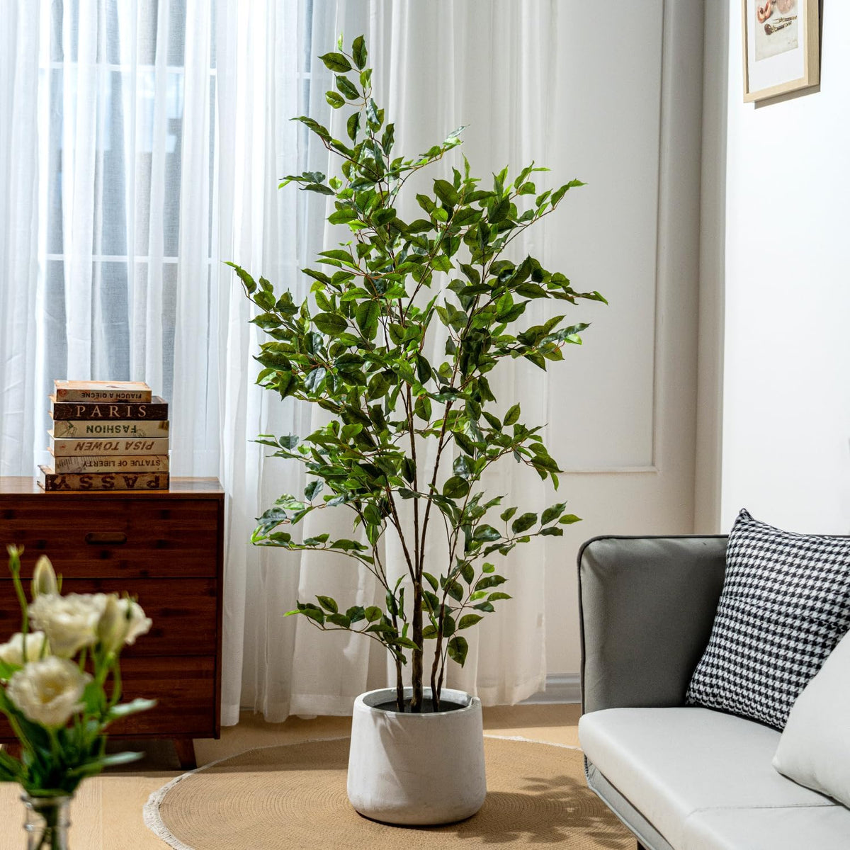 Artificial Ficus Tree Indoor 5ft, Large Potted Faux Tree with Realistic Silk Leaves & Trunk for