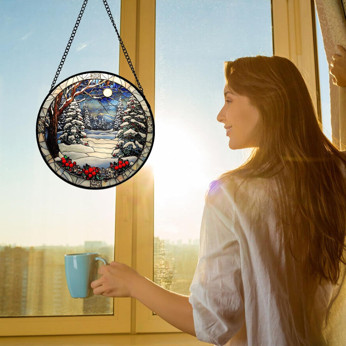 Stained Glass Window Hanging Christmas Tree Winter Snow Night Scenery 9.8" - Suncatcher Door Garden