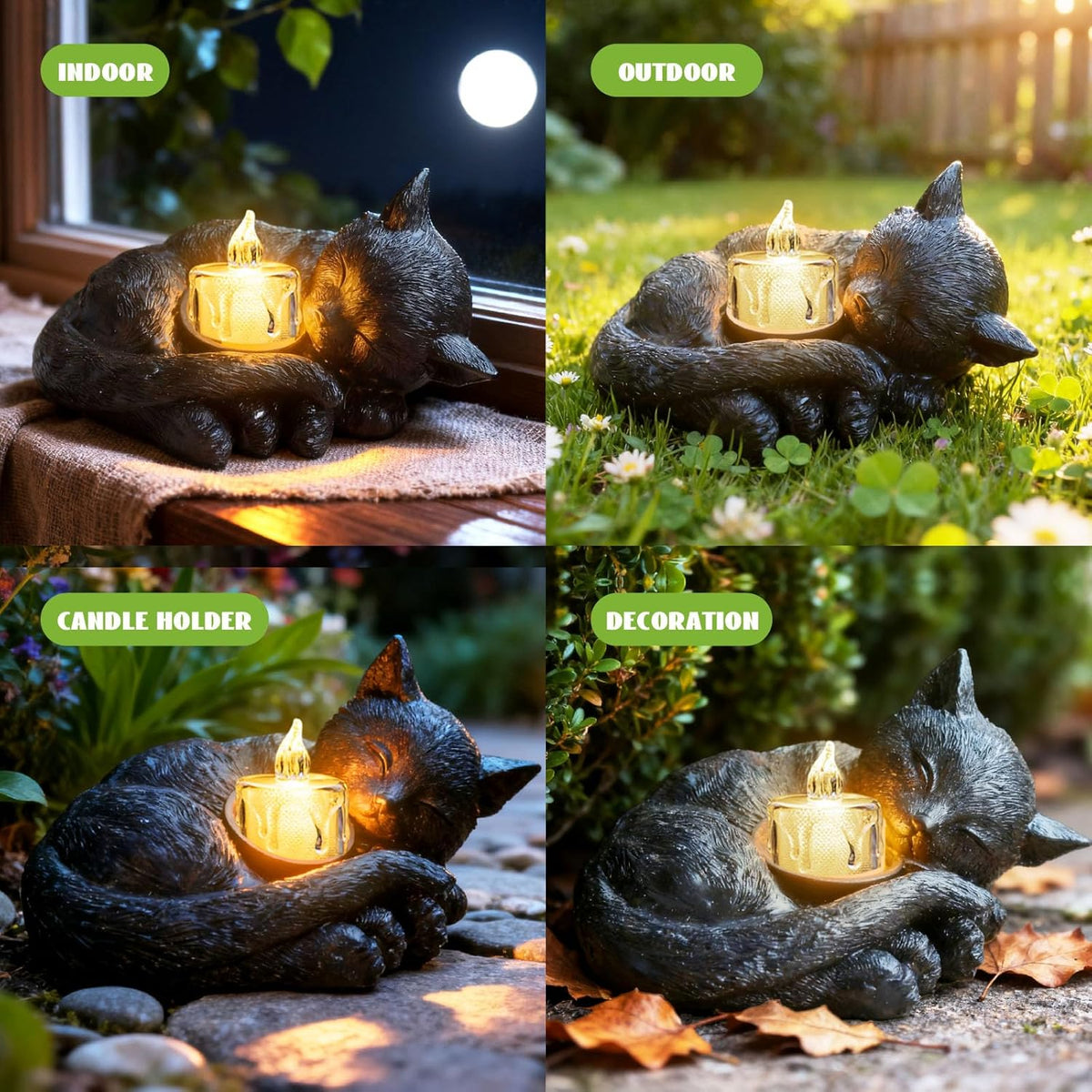 Sleeping Cat Candle Holder Statue Realistic Resin Cat Figurine with Candle Tray Outdoor Garden