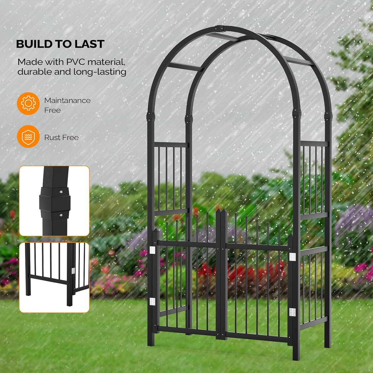 VINGLI Garden Arbor with Gate, PVC Frame Trellis Garden Arch for Plant Climbing, Vinyl Pergola