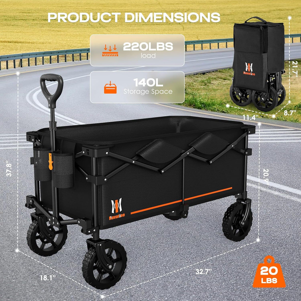 Navatiee 140L Collapsible Folding Wagon, Large Capacity Foldable Wagon with Silent All-Terrain