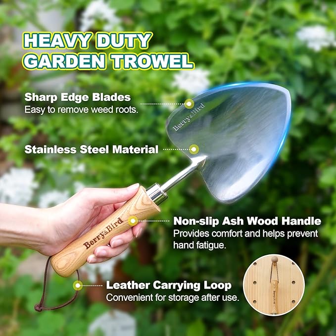 Berry&Bird Potting Trowel, Oversized Garden Hand Shovel with Sharp Blade & Wood Handle, Stainless