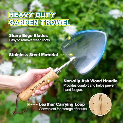 Berry&Bird Potting Trowel, Oversized Garden Hand Shovel with Sharp Blade & Wood Handle, Stainless