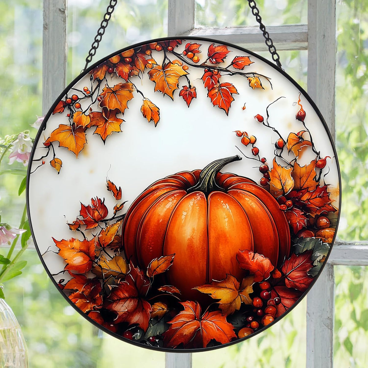 Pumpkin Maple Leaf Suncatcher -7.9 in Stained Glass Window Hanging Sun Catcher Garden Decor