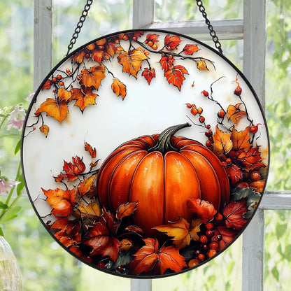 Pumpkin Maple Leaf Suncatcher -7.9 in Stained Glass Window Hanging Sun Catcher Garden Decor